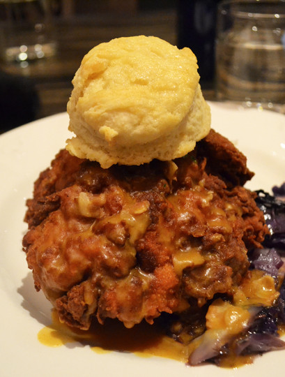 Crispy smoked fried chicken with mashed potatoes, purple cabbage and a lovely buttery biscuit.