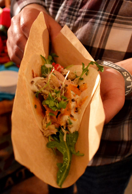 Velvet Taco served up a tender rotisserie chicken, arugula taco, topped with a creamy sauce and hemp seeds.