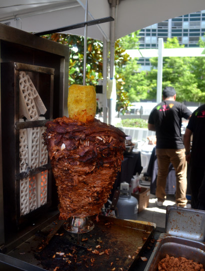 Sweet and savory Al Pastor hanging out on the split, ready for the taking.