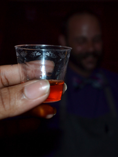 A sample of the spicy Irish Fire, a cinnamon flavored vodka.